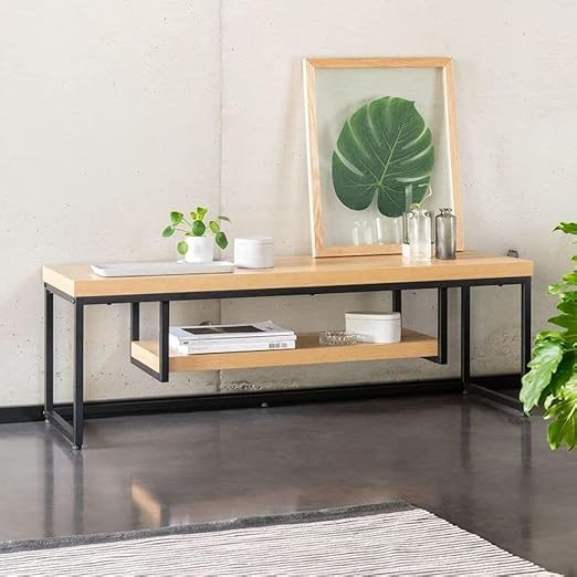 A stylish industrial console table with a 2-inch thick solid wood top, black metal frame, and entryway table with shelf for the hallway or living room.