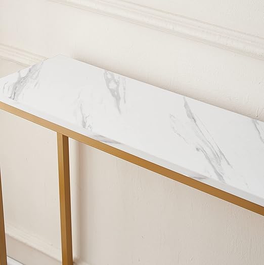 Entryway console table made of artificial marble and medium-density fiberboard with a gold Loglas frame (double layer, white marble)