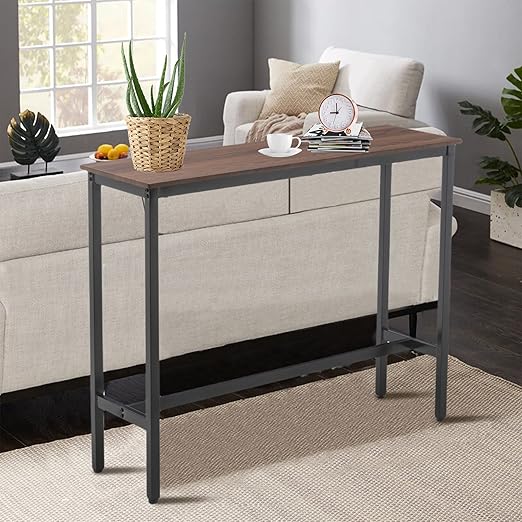 A 41-inch rectangular bar table from Oound, industrial style, suitable for the kitchen, dining room, living room, entryway, and sofa, featuring a brown wood top and black metal frame.