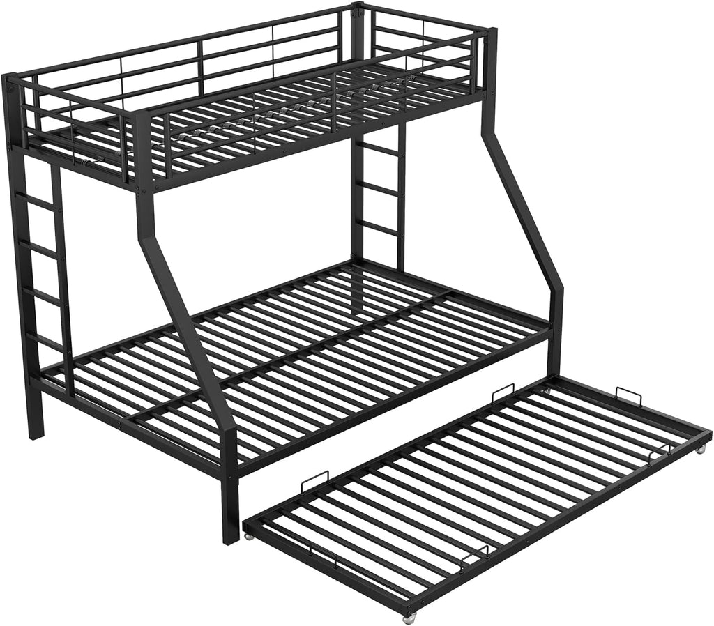 Heavy Duty Metal Triple Bunk Bed with Pull-Out Trundle – Twin Over Double – Black | Lion Home