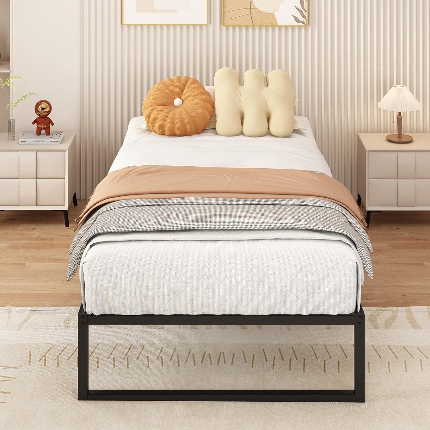 Metal bed frame (90 cm x 2 m), single-size with steel support; easy to assemble, noise-free, and requires no box spring; 30 cm height, black.