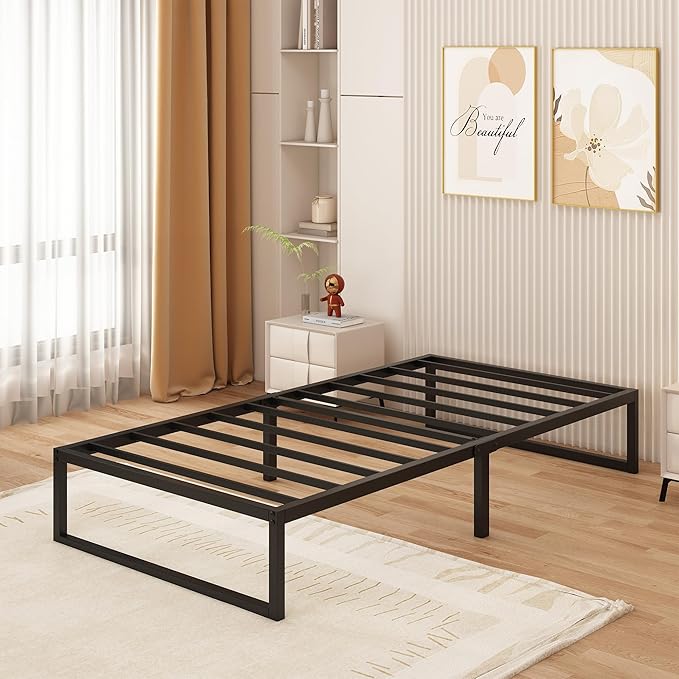 Metal bed frame (90 cm x 2 m), single-size with steel support; easy to assemble, noise-free, and requires no box spring; 30 cm height, black.