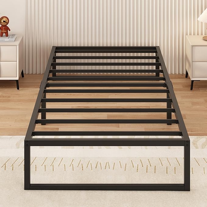 Metal bed frame (90 cm x 2 m), single-size with steel support; easy to assemble, noise-free, and requires no box spring; 30 cm height, black.