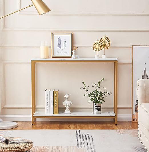 Entryway console table made of artificial marble and medium-density fiberboard with a gold Loglas frame (double layer, white marble)
