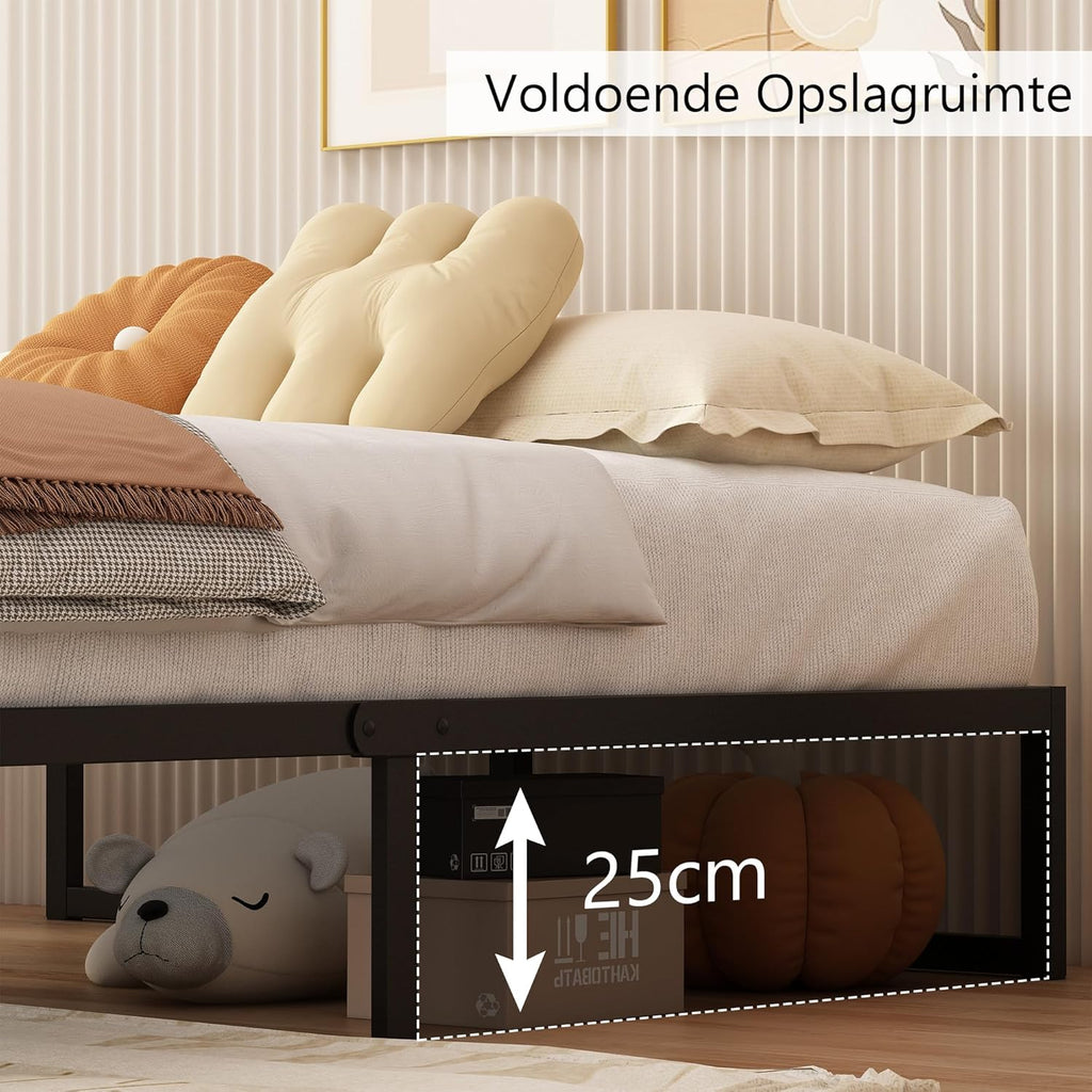 Metal bed frame (90 cm x 2 m), single-size with steel support; easy to assemble, noise-free, and requires no box spring; 30 cm height, black.