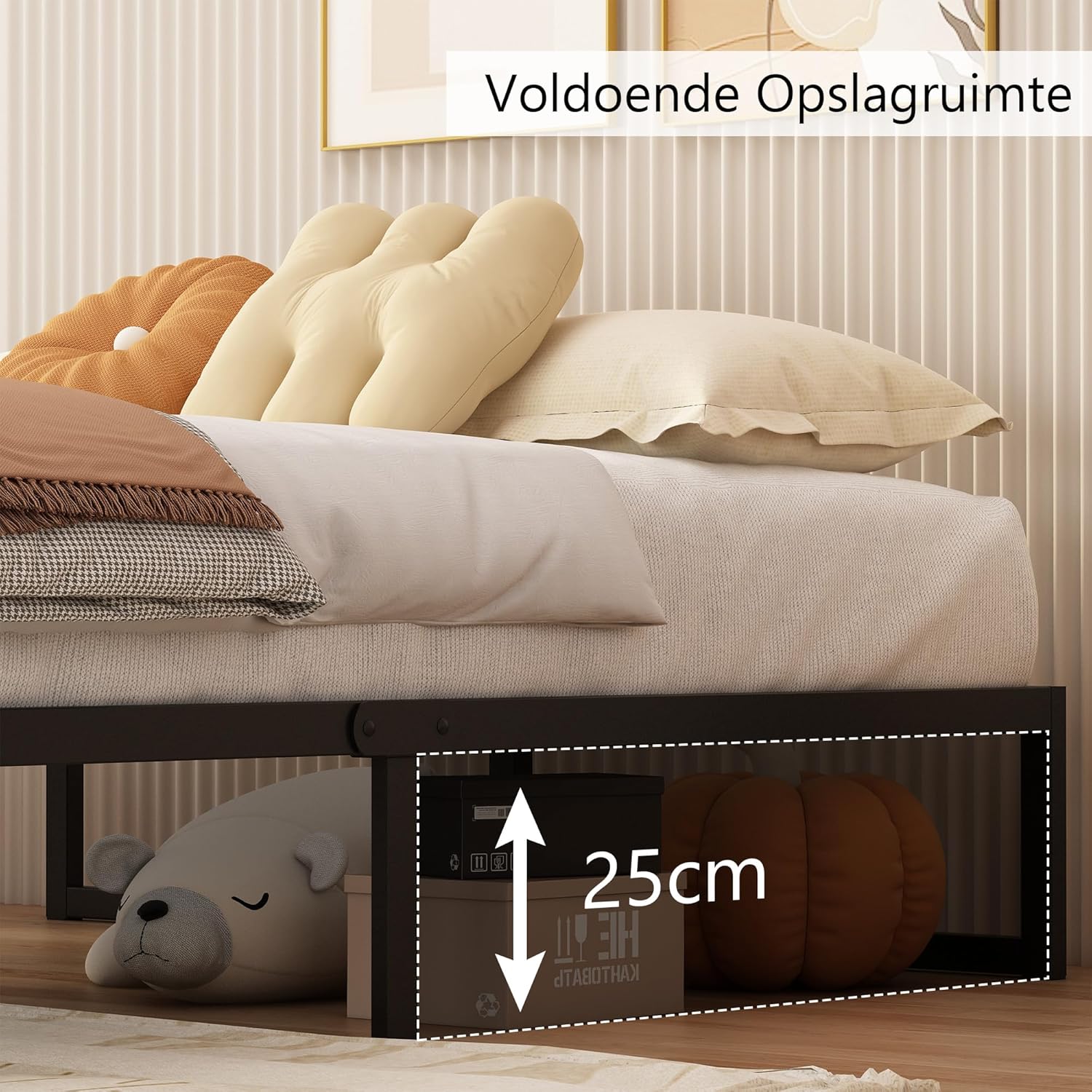Metal bed frame (90 cm x 2 m), single-size with steel support; easy to assemble, noise-free, and requires no box spring; 30 cm height, black.