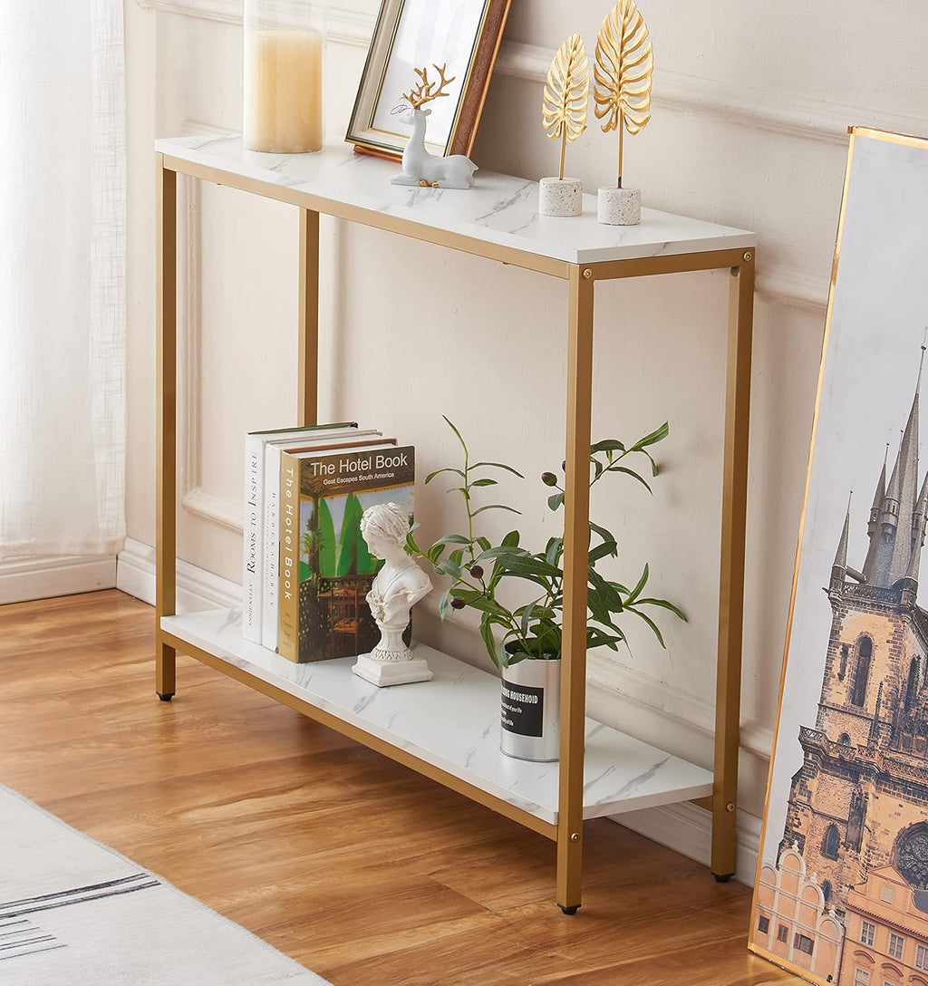 Entryway console table made of artificial marble and medium-density fiberboard with a gold Loglas frame (double layer, white marble)