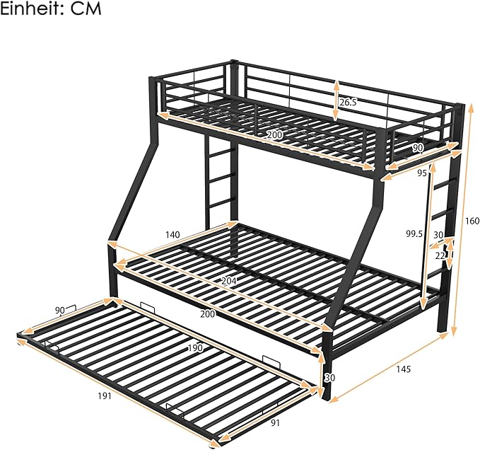 Heavy Duty Metal Triple Bunk Bed with Pull-Out Trundle – Twin Over Double – Black | Lion Home