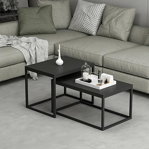Set of 2 side coffee tables made of wood panels and metal, In Casa, matte black finish