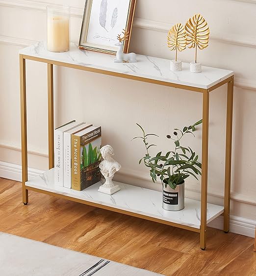 Entryway console table made of artificial marble and medium-density fiberboard with a gold Loglas frame (double layer, white marble)