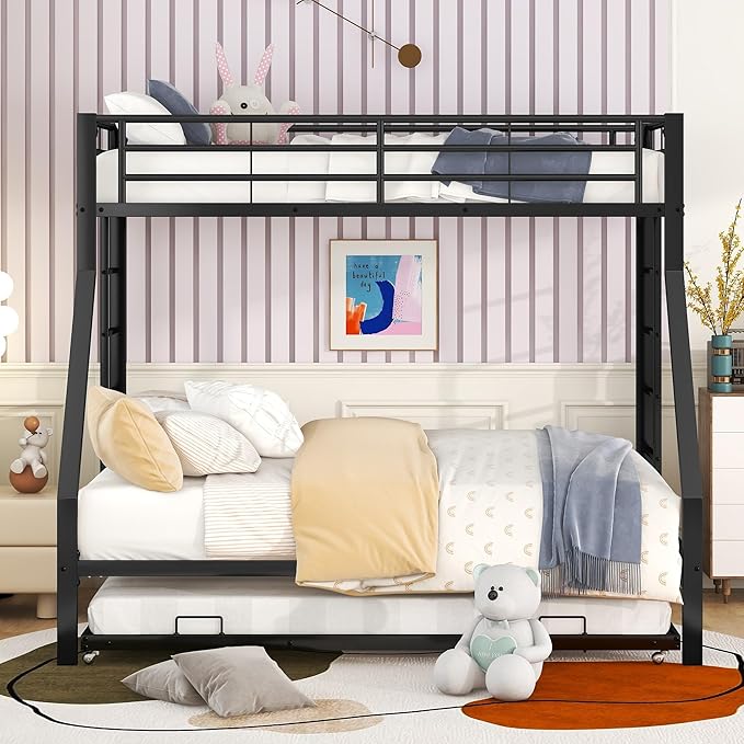 Heavy Duty Metal Triple Bunk Bed with Pull-Out Trundle – Twin Over Double – Black | Lion Home