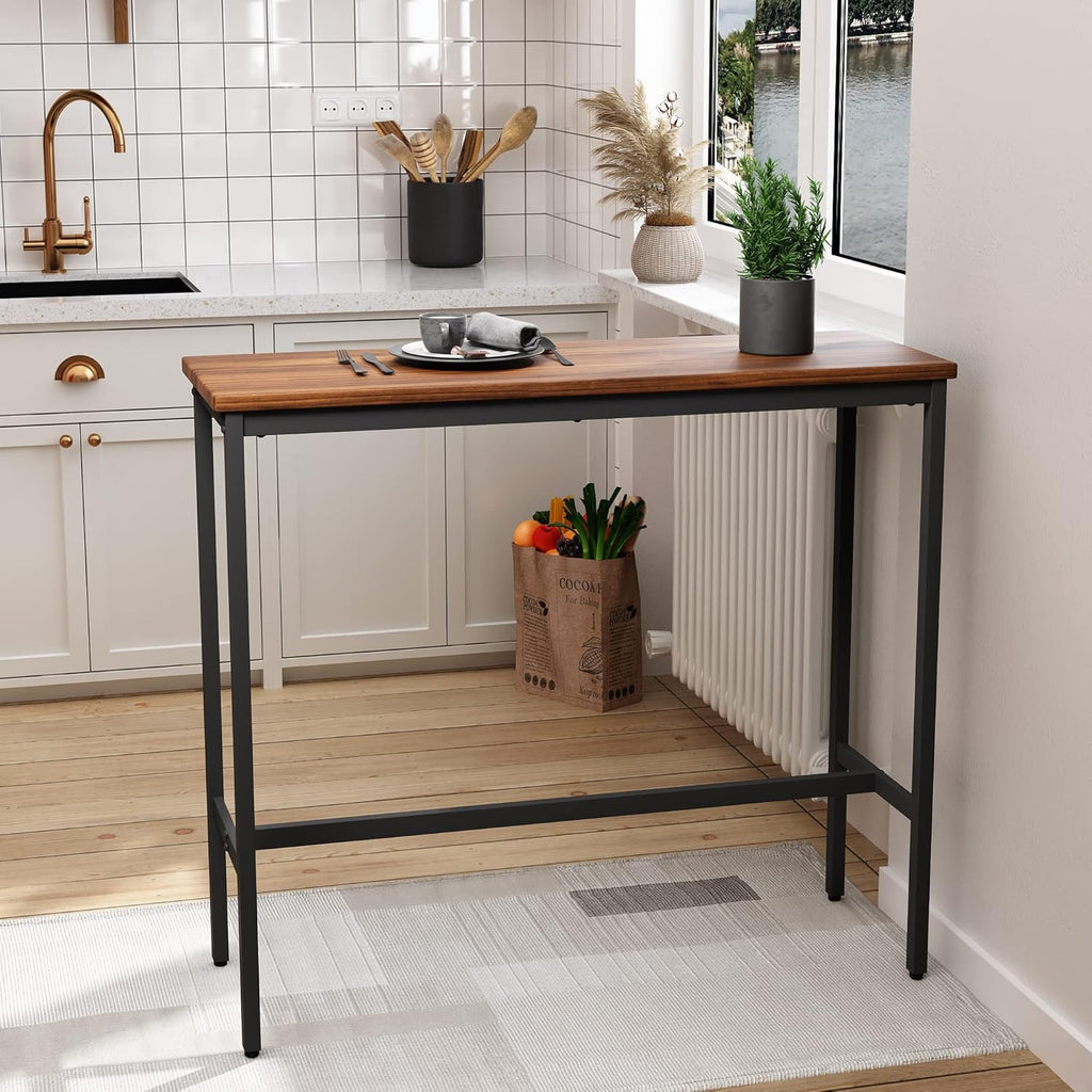 A 41-inch rectangular bar table from Oound, industrial style, suitable for the kitchen, dining room, living room, entryway, and sofa, featuring a brown wood top and black metal frame.