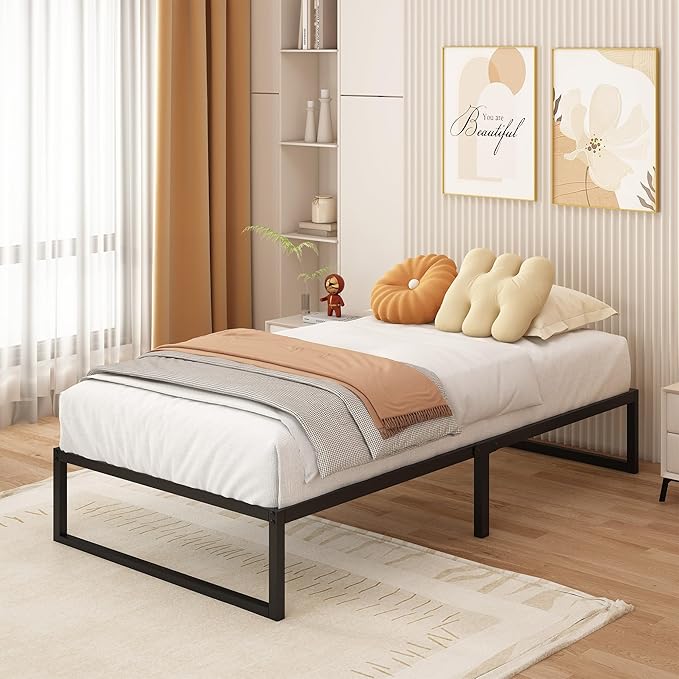 Metal bed frame (90 cm x 2 m), single-size with steel support; easy to assemble, noise-free, and requires no box spring; 30 cm height, black.