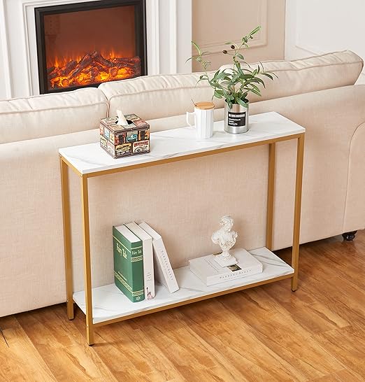 Entryway console table made of artificial marble and medium-density fiberboard with a gold Loglas frame (double layer, white marble)