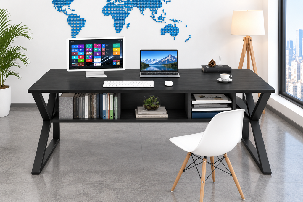 مكتب معدني أسود مودرن من الأمام، بسطح خشبي ورف تخزين سفلي، مقاس 120×60×75 سم من LION HOME

