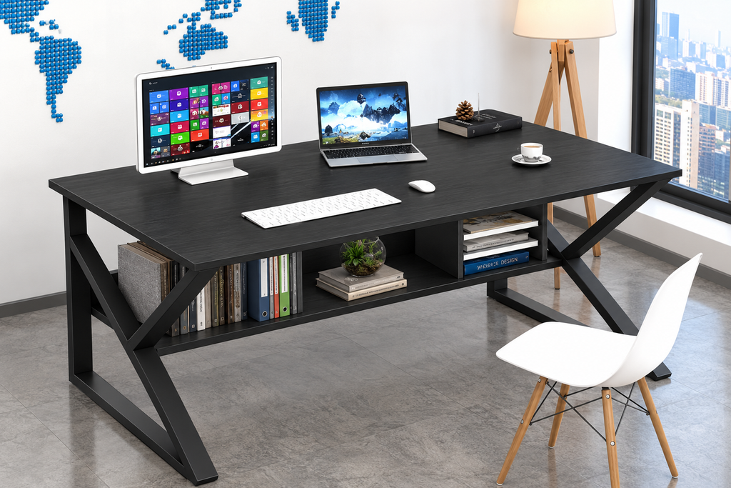 مكتب معدني أسود مودرن بسطح خشبي ورف تخزين سفلي، مقاس 120×60×75 سم من LION HOME