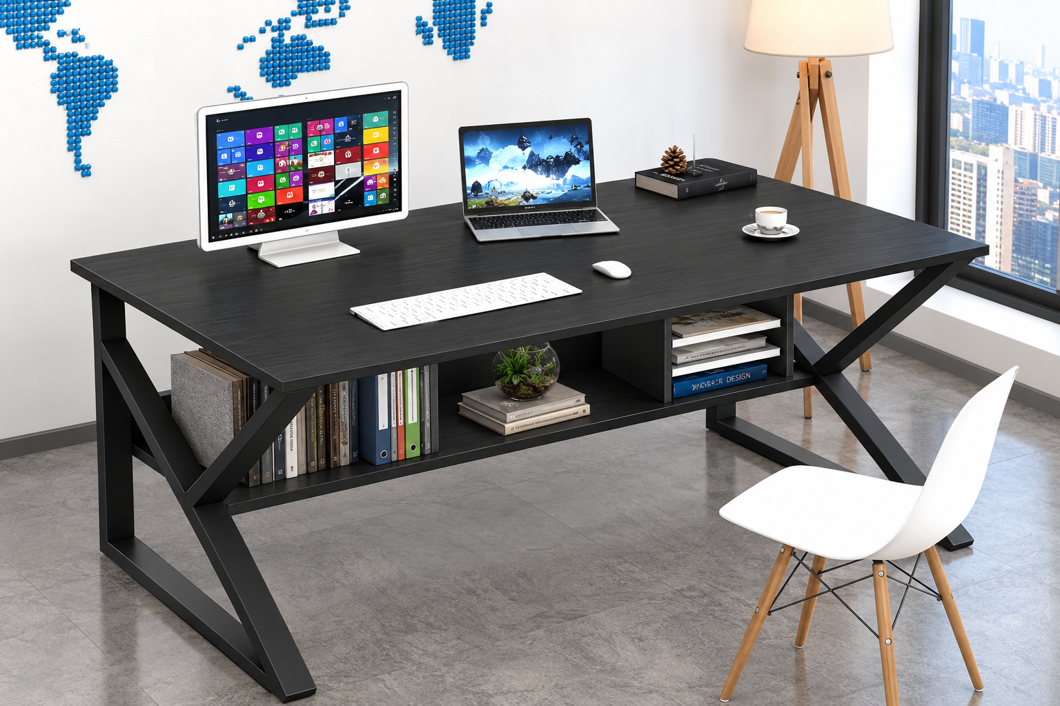 مكتب معدني أسود مودرن بسطح خشبي ورف تخزين سفلي، مقاس 120×60×75 سم من LION HOME