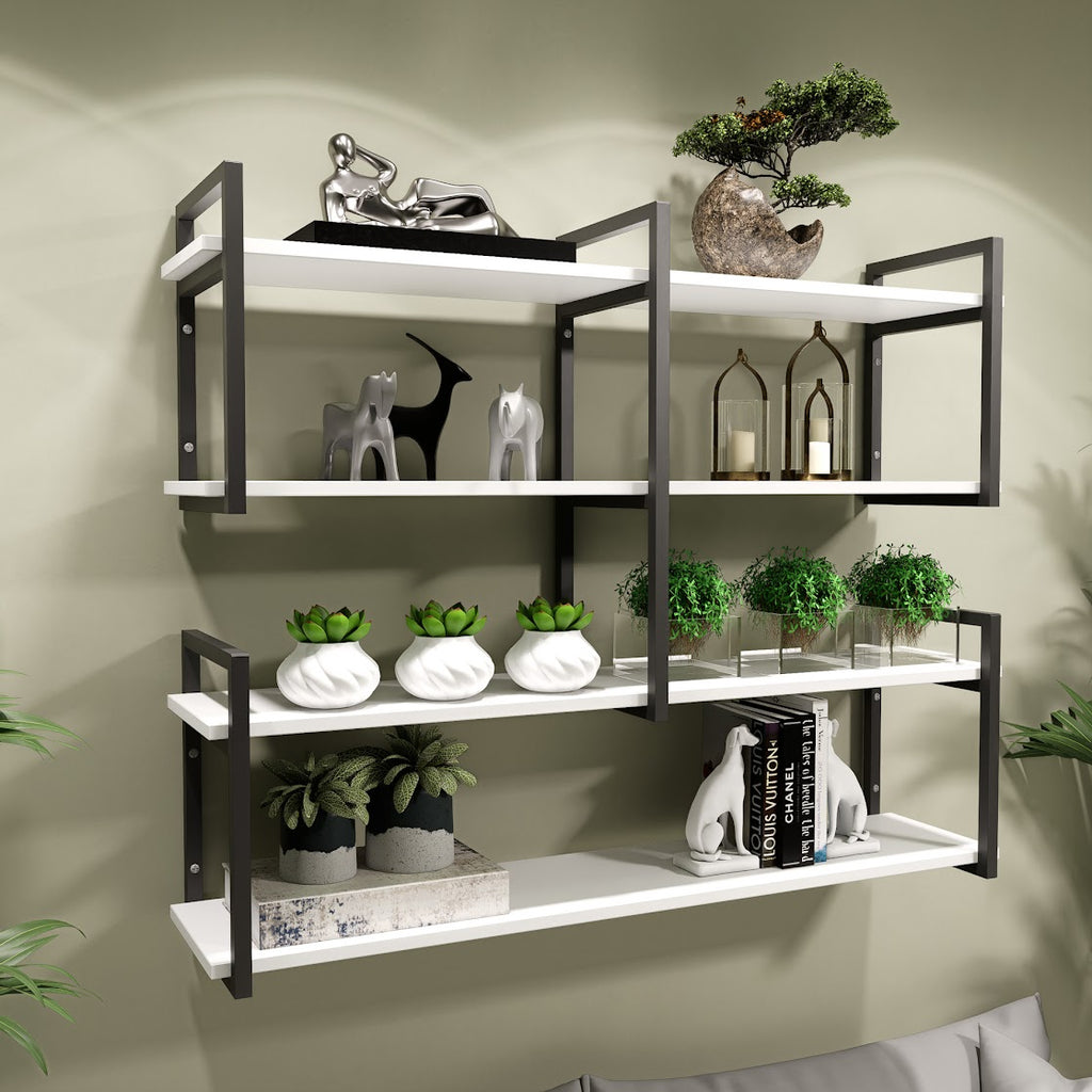 Modern home decor. Wall shelves with metal frames and wooden shelves; countertops