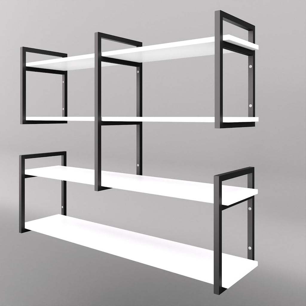 Modern home decor. Wall shelves with metal frames and wooden shelves; countertops