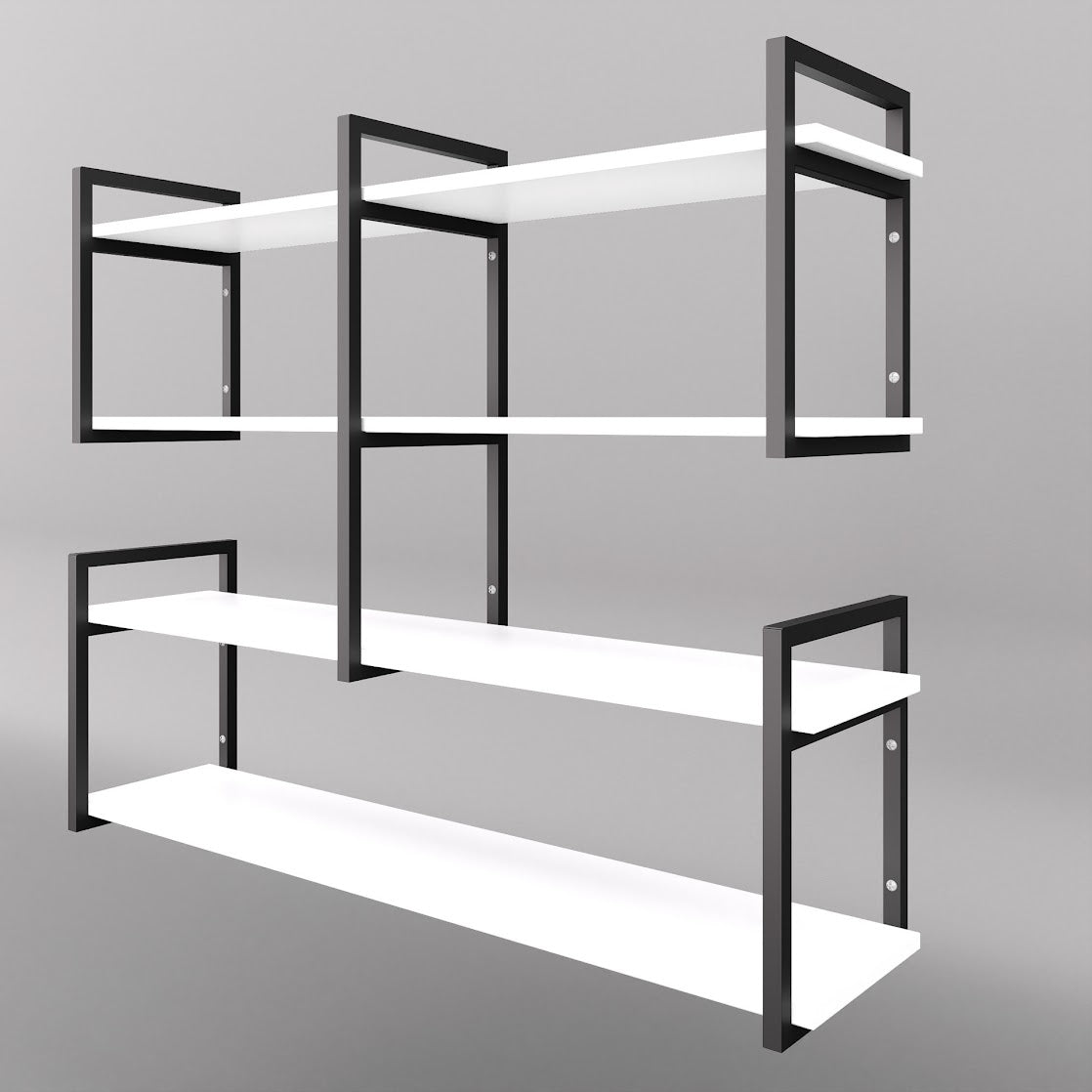 Modern home decor. Wall shelves with metal frames and wooden shelves; countertops