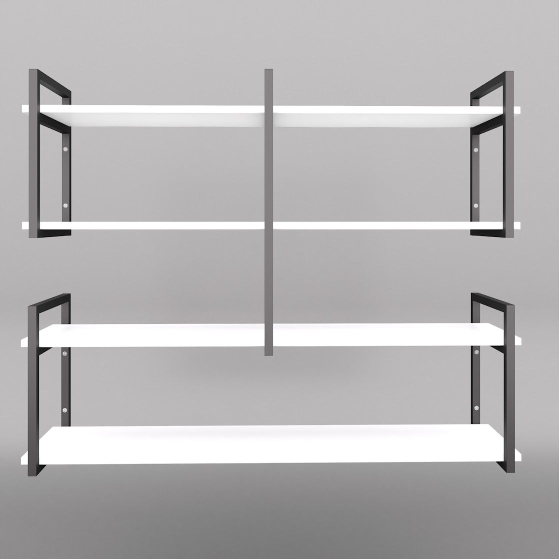 Modern home decor. Wall shelves with metal frames and wooden shelves; countertops