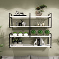 Modern home decor. Wall shelves with metal frames and wooden shelves; countertops