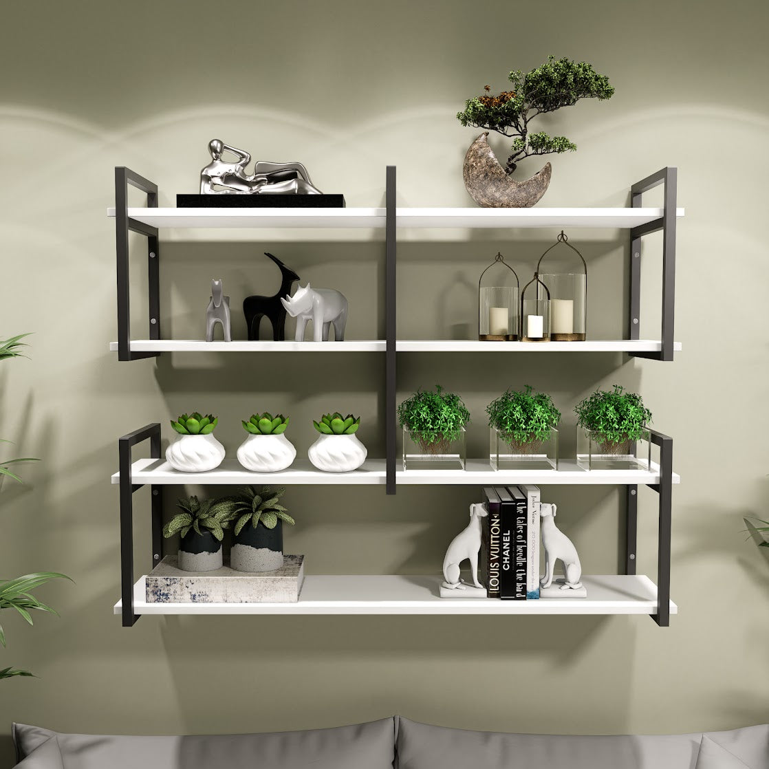 Modern home decor. Wall shelves with metal frames and wooden shelves; countertops