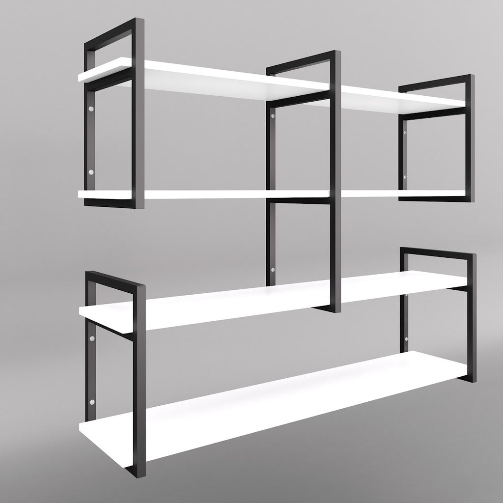 Modern home decor. Wall shelves with metal frames and wooden shelves; countertops