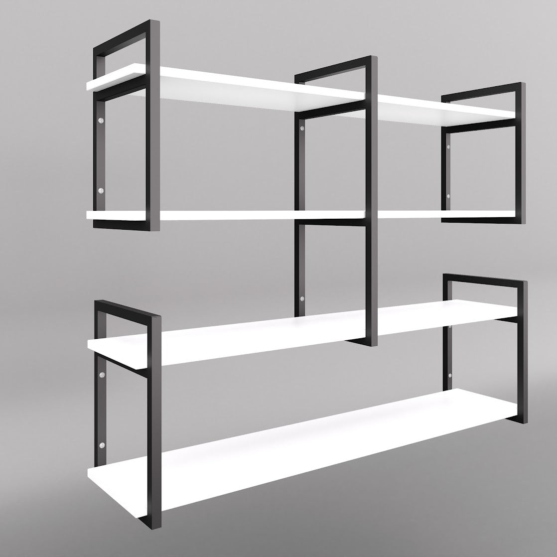 Modern home decor. Wall shelves with metal frames and wooden shelves; countertops