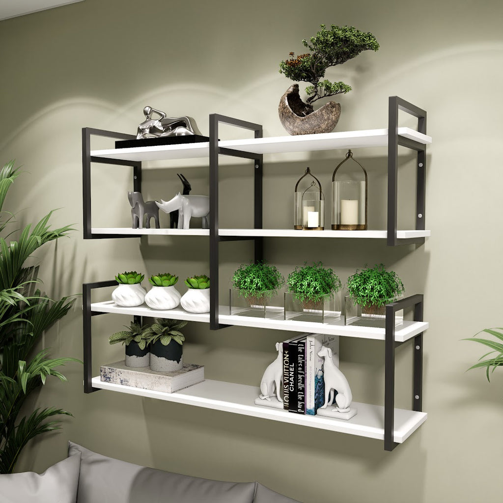 Modern home decor. Wall shelves with metal frames and wooden shelves; countertops