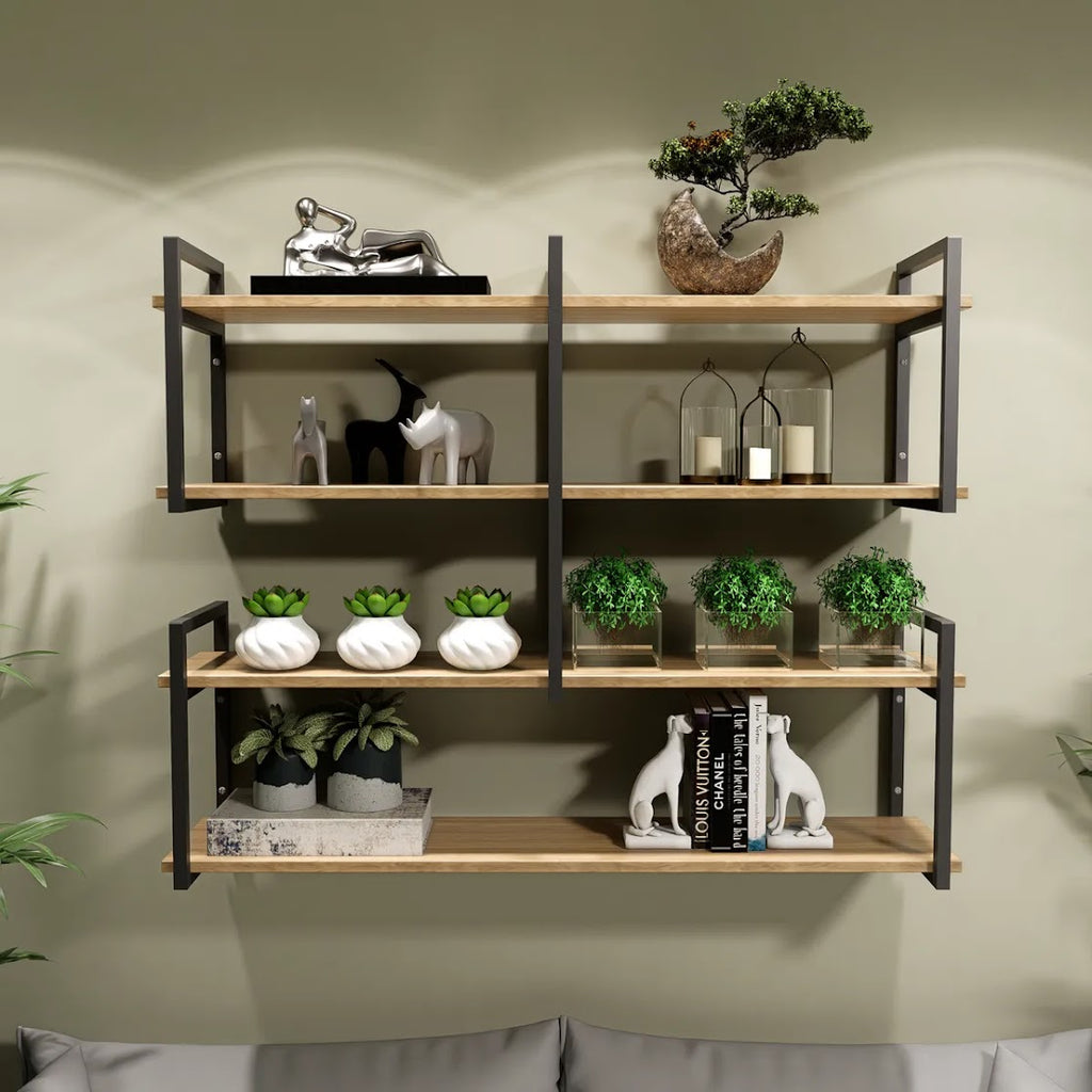 Modern home decor. Wall shelves with metal frames and wooden shelves; countertops