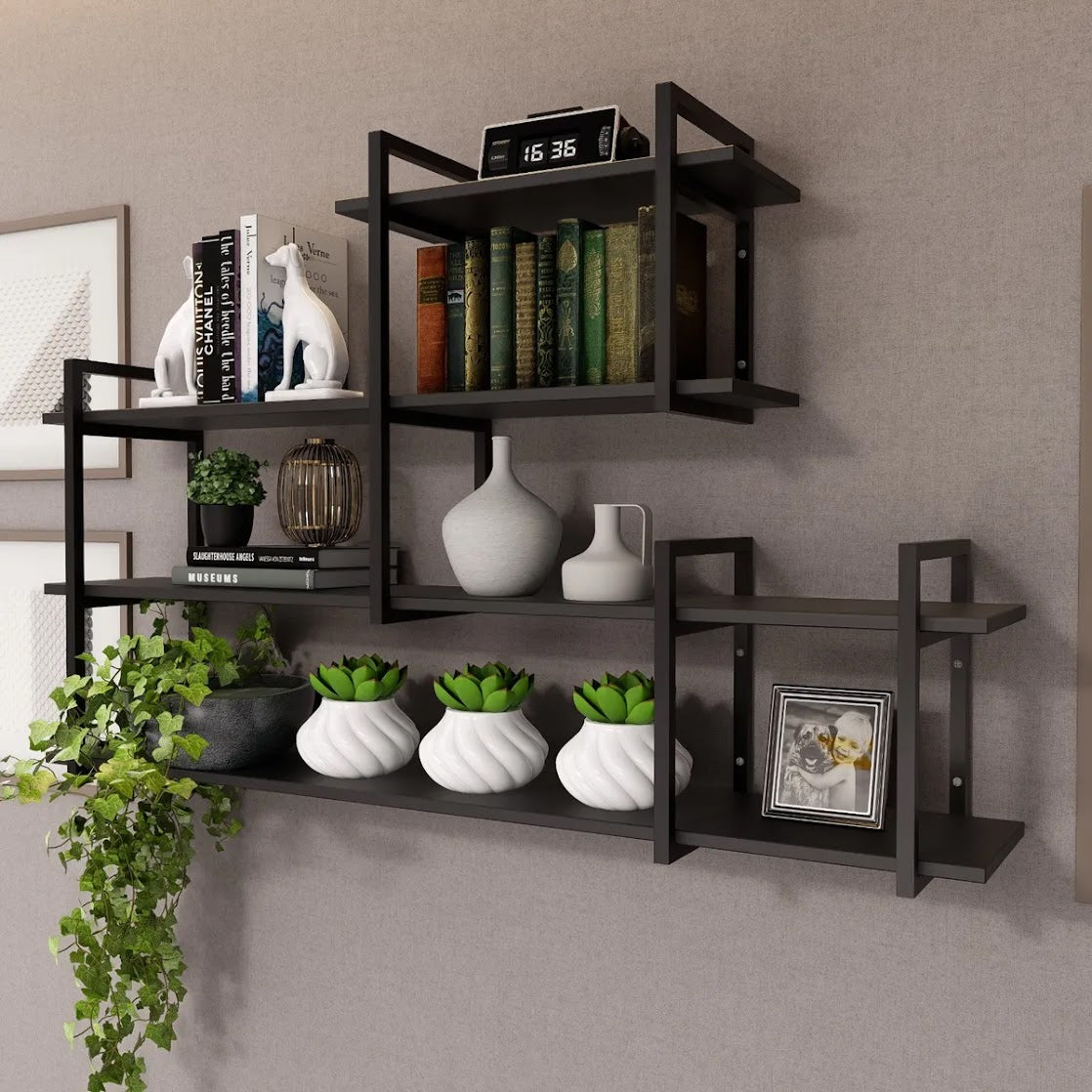 Modern home decor. Wall shelves with metal frames and wooden shelves; countertops