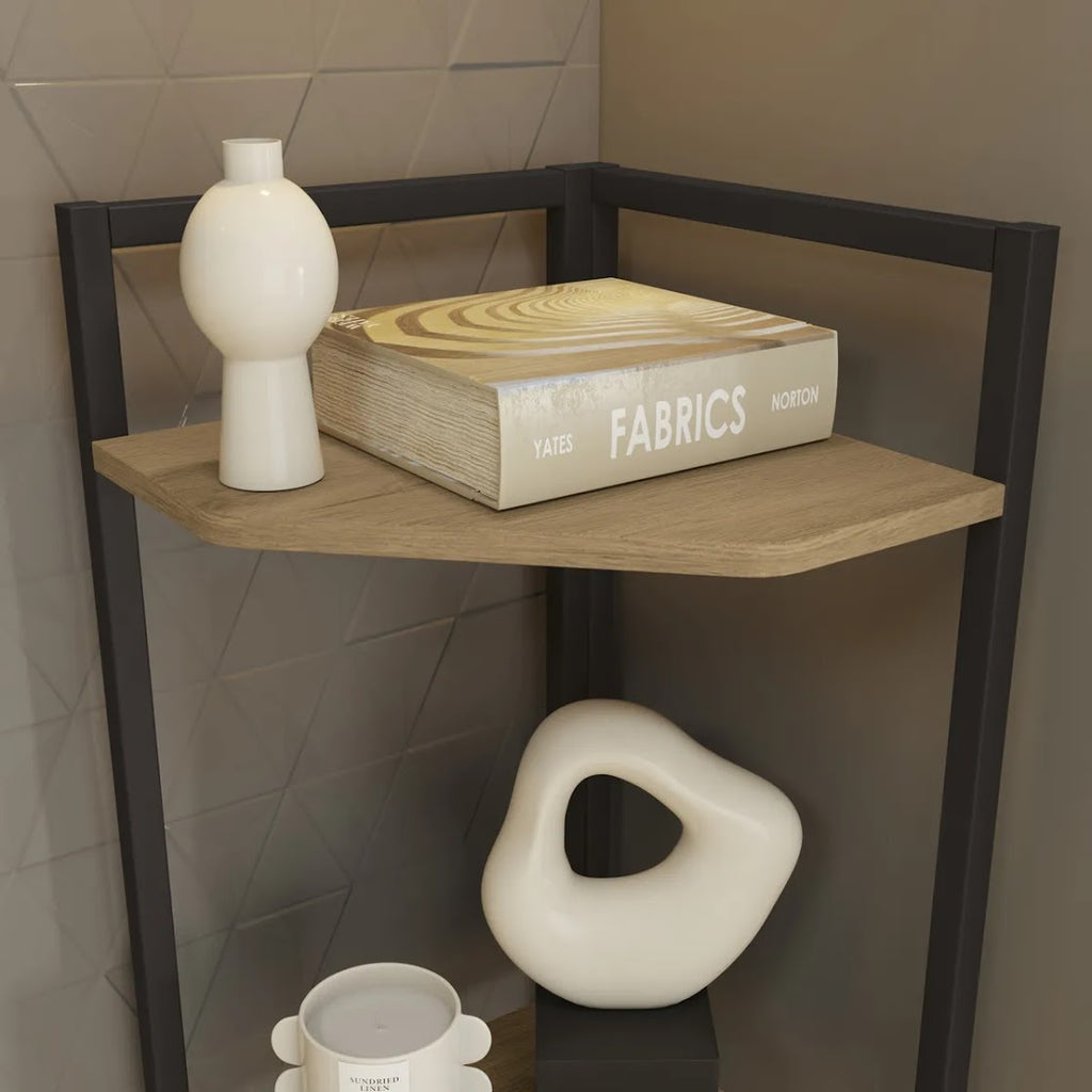 Modern corner shelving unit made of metal and plywood – 5 shelves with a stylish vertical design