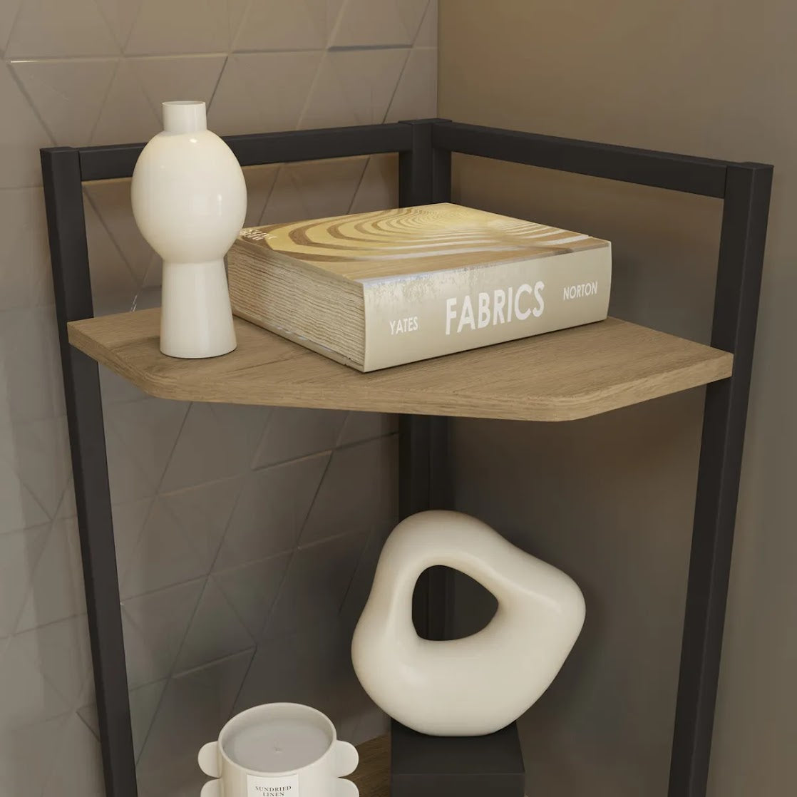 Modern corner shelving unit made of metal and plywood – 5 shelves with a stylish vertical design