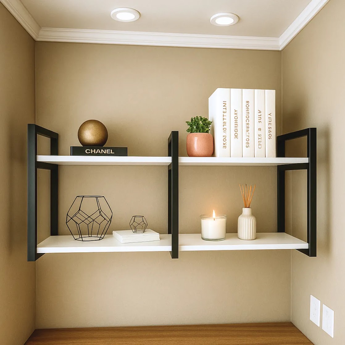 Modern wall shelf unit made of metal and plywood – contemporary multi-shelf design