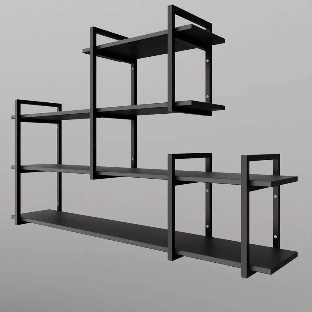 Modern home decor. Wall shelves with metal frames and wooden shelves; countertops