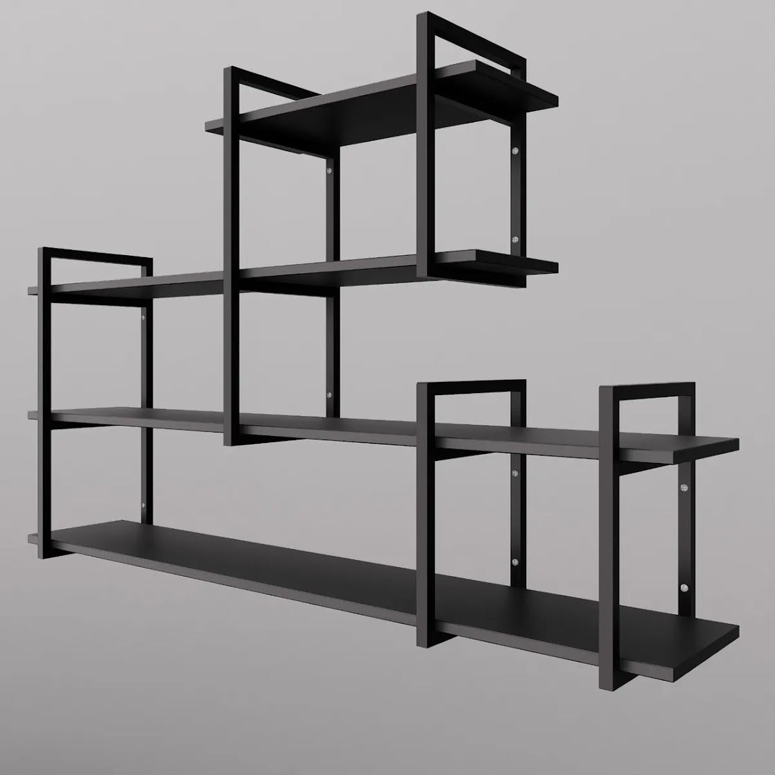 Modern home decor. Wall shelves with metal frames and wooden shelves; countertops