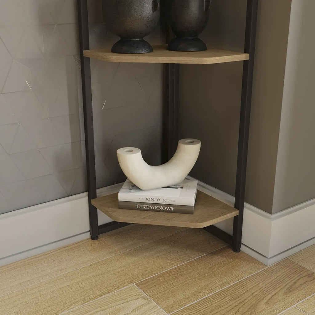 Modern corner shelving unit made of metal and plywood – 5 shelves with a stylish vertical design