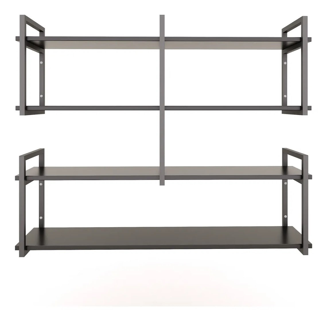 Modern home decor. Wall shelves with metal frames and wooden shelves; countertops