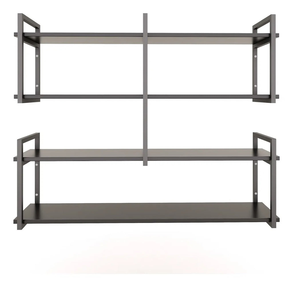 Modern home decor. Wall shelves with metal frames and wooden shelves; countertops