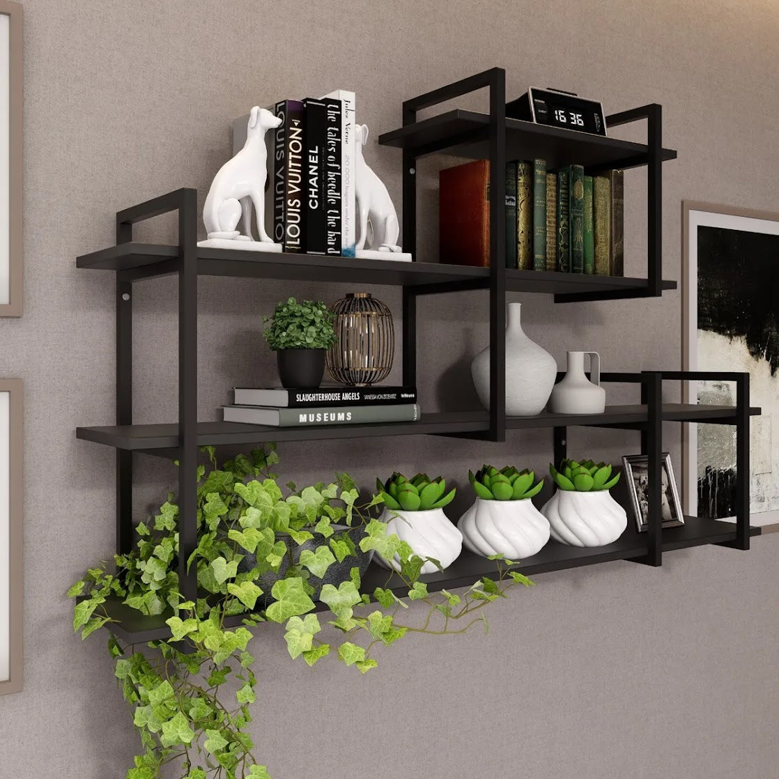 Modern home decor. Wall shelves with metal frames and wooden shelves; countertops