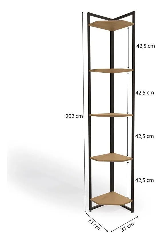 Modern corner shelving unit made of metal and plywood – 5 shelves with a stylish vertical design
