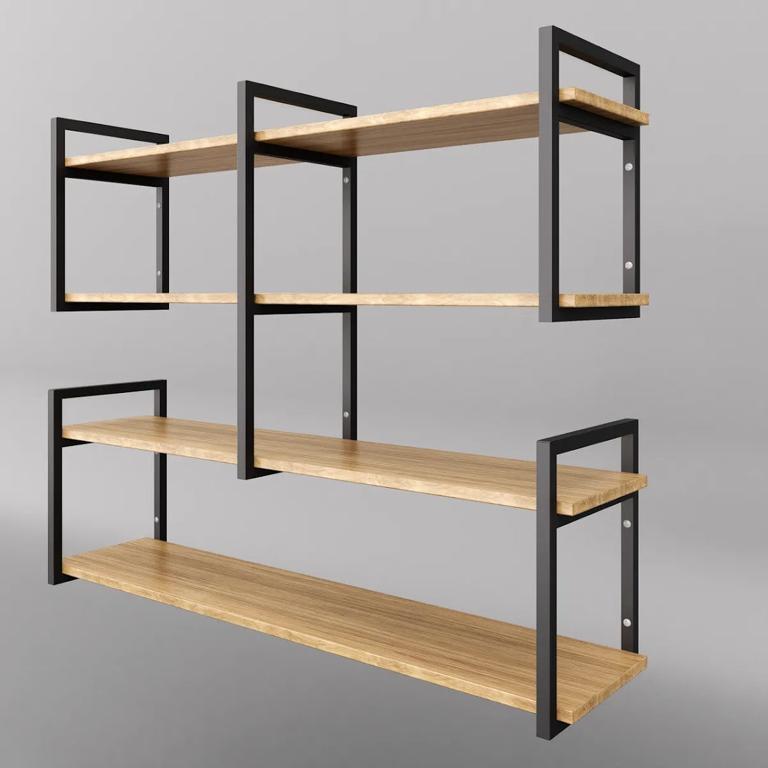 Modern home decor. Wall shelves with metal frames and wooden shelves; countertops