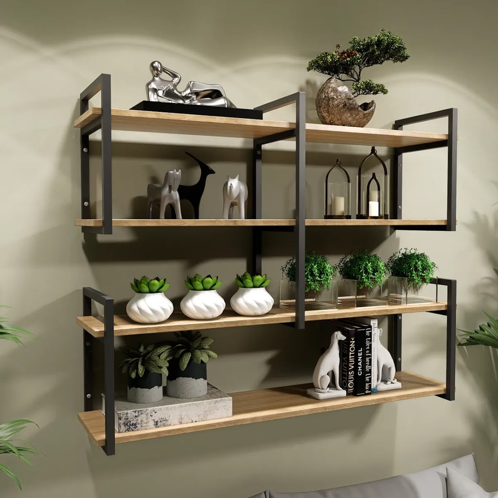 Modern home decor. Wall shelves with metal frames and wooden shelves; countertops