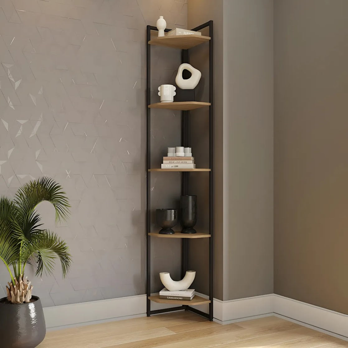 Modern corner shelving unit made of metal and plywood – 5 shelves with a stylish vertical design