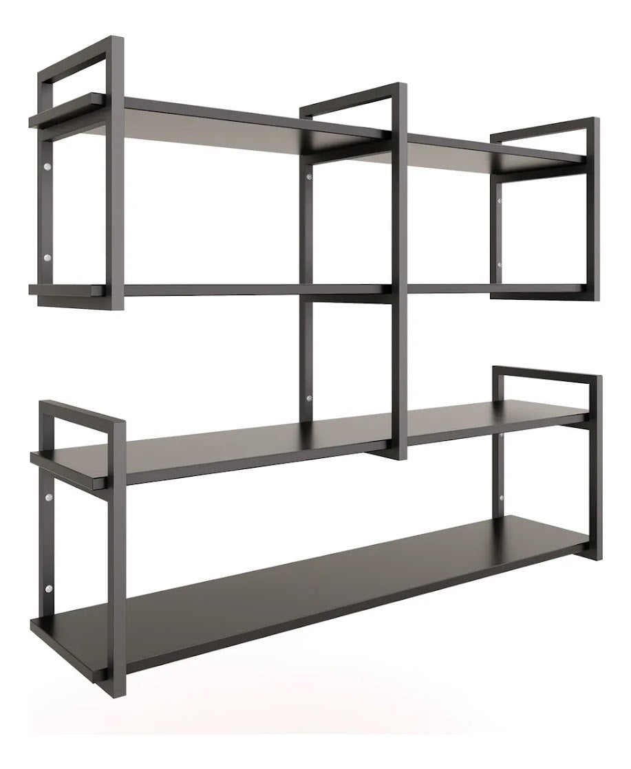 Modern home decor. Wall shelves with metal frames and wooden shelves; countertops