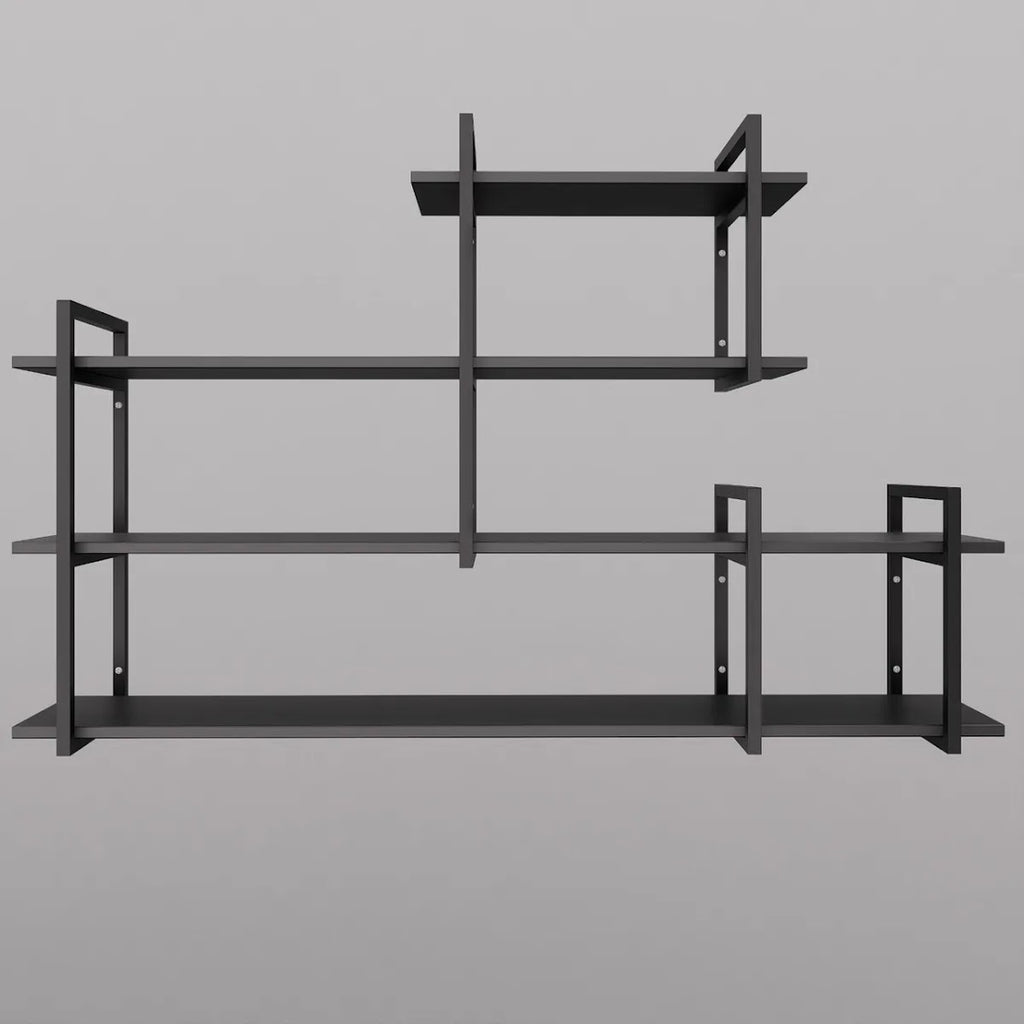 Modern home decor. Wall shelves with metal frames and wooden shelves; countertops