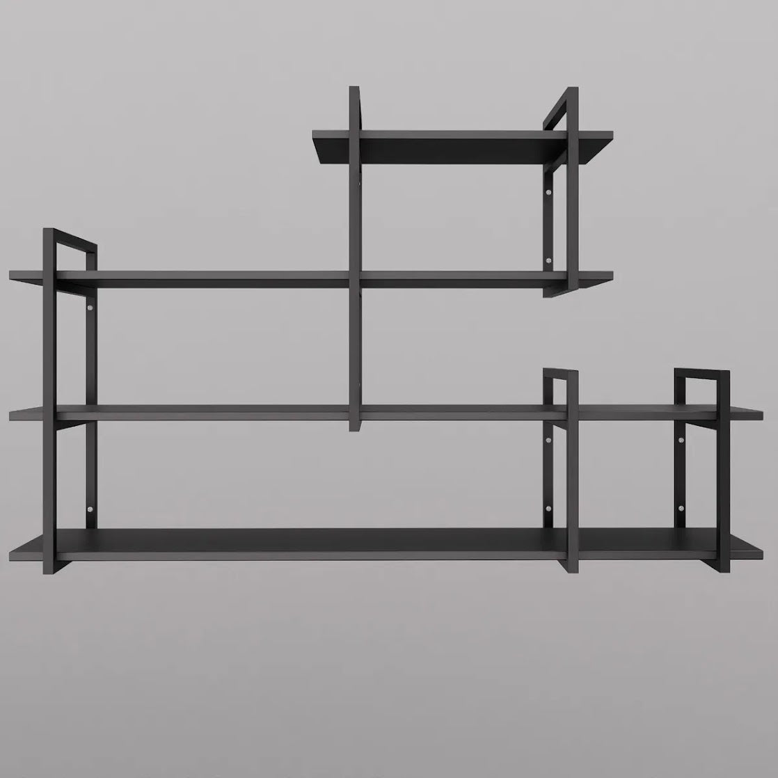 Modern home decor. Wall shelves with metal frames and wooden shelves; countertops