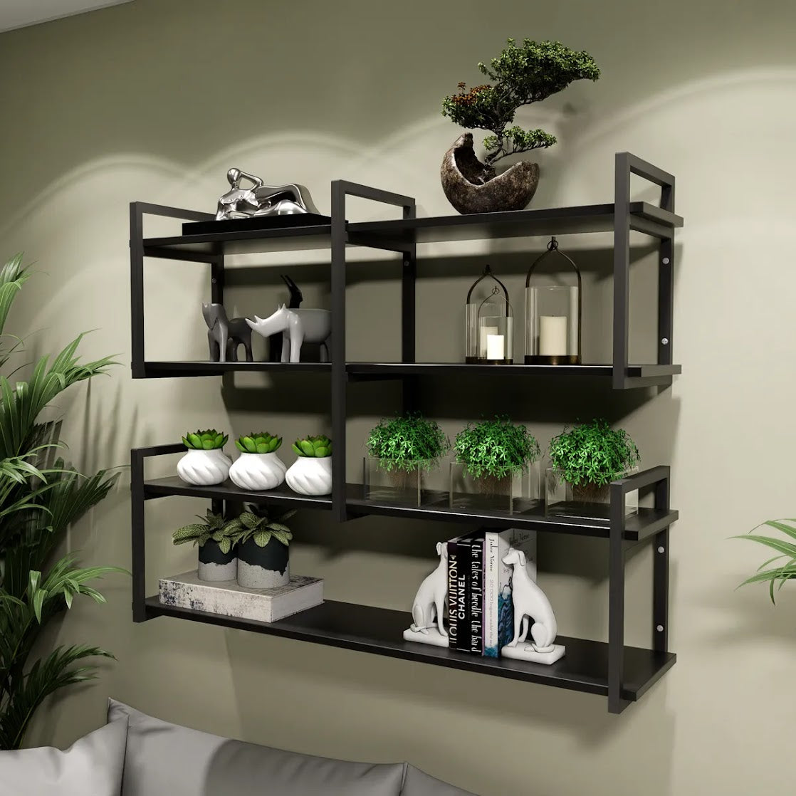 Modern home decor. Wall shelves with metal frames and wooden shelves; countertops
