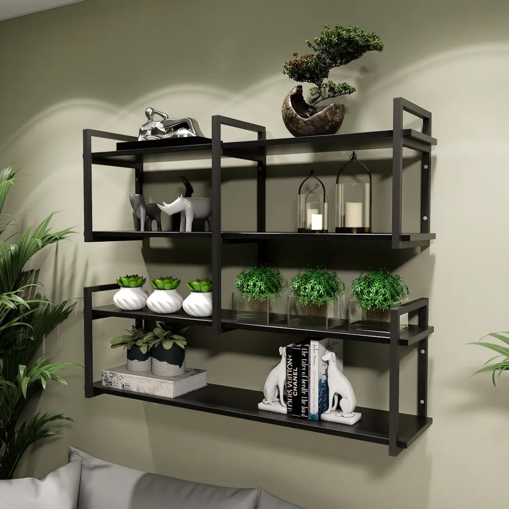 Modern home decor. Wall shelves with metal frames and wooden shelves; countertops